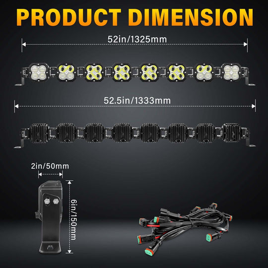 X-Linkable 53" 240W Ultra-Bright LED Light Bar –8-Light Dual Optic Combo dimensions diagram