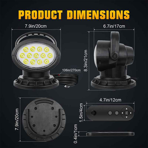 8inch 40W LED Searchlight - 360° Rotation, Infrared Remote Control, Magnetic Base, IP65 Waterproof for Marine/Truck/ATV/4X4/Off-Road Lighting